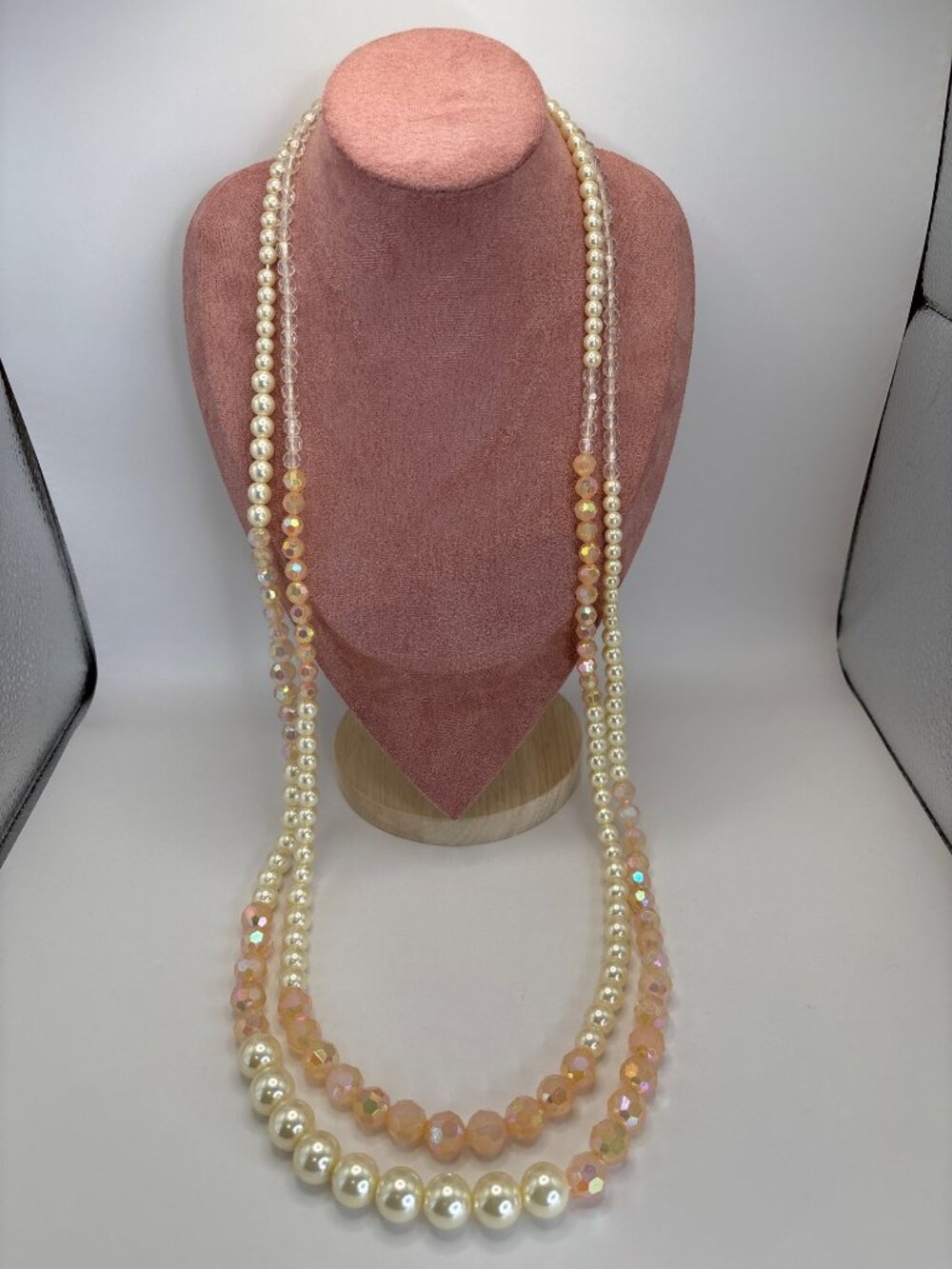 Long Double Strand Faux Pearl and Faceted Beaded Peach Tone Beads 36" Necklace